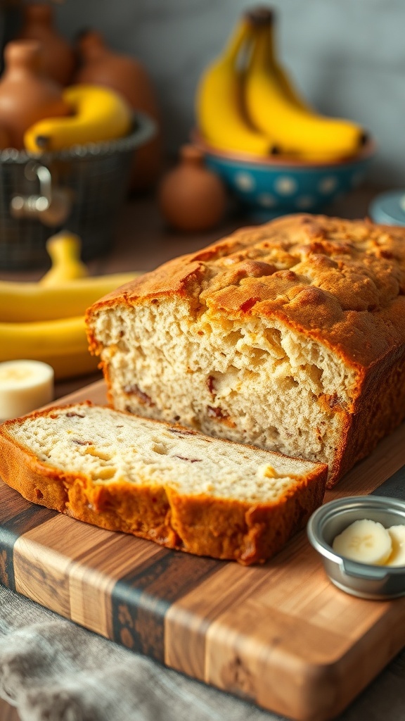 A loaf of moist banana bread sliced, showcasing its texture, with banana slices and butter on a wooden board.